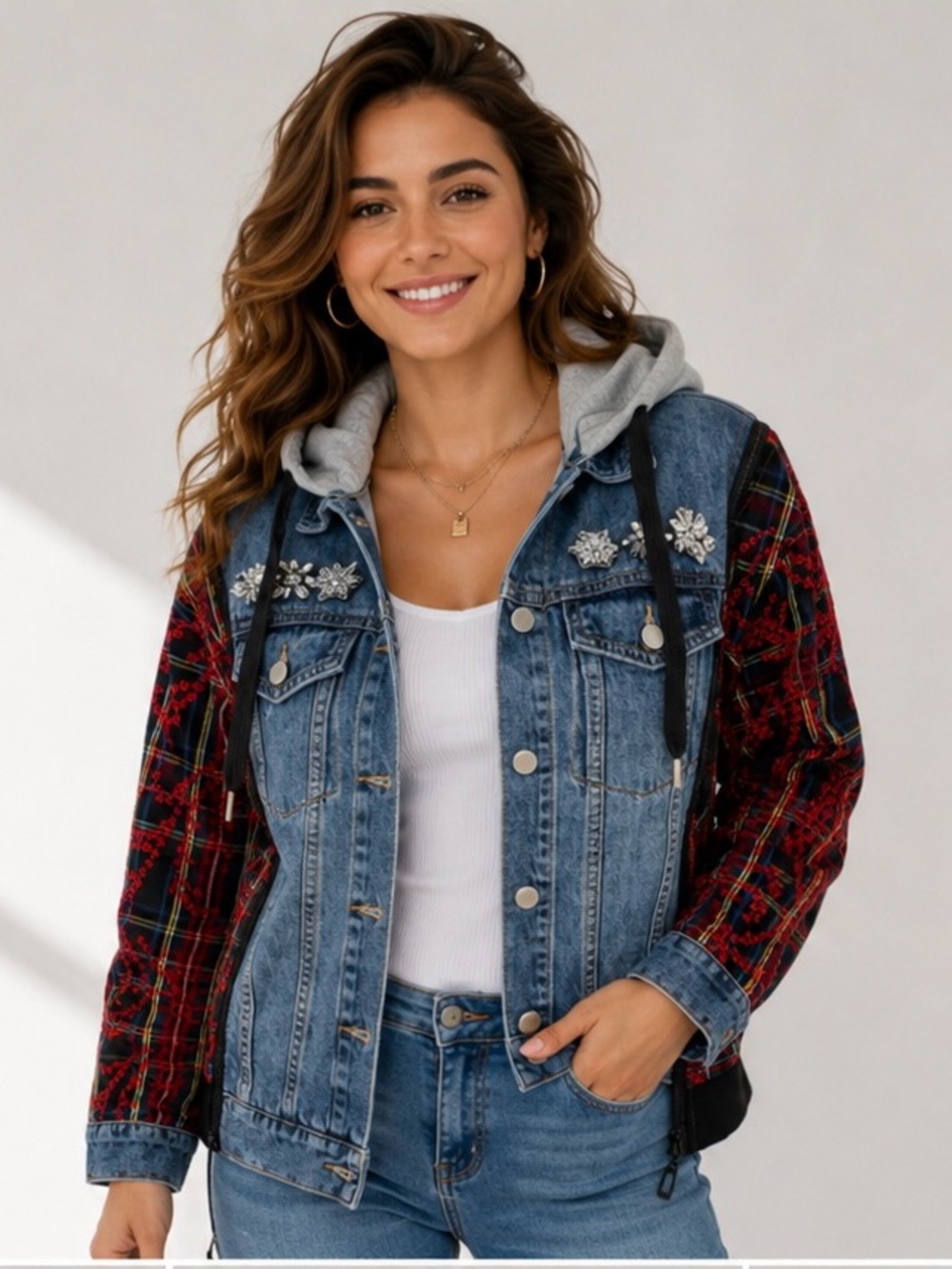 Desigual Hybrid Denim Plaid Hooded Jacket with Rhinestone Brooches - Small